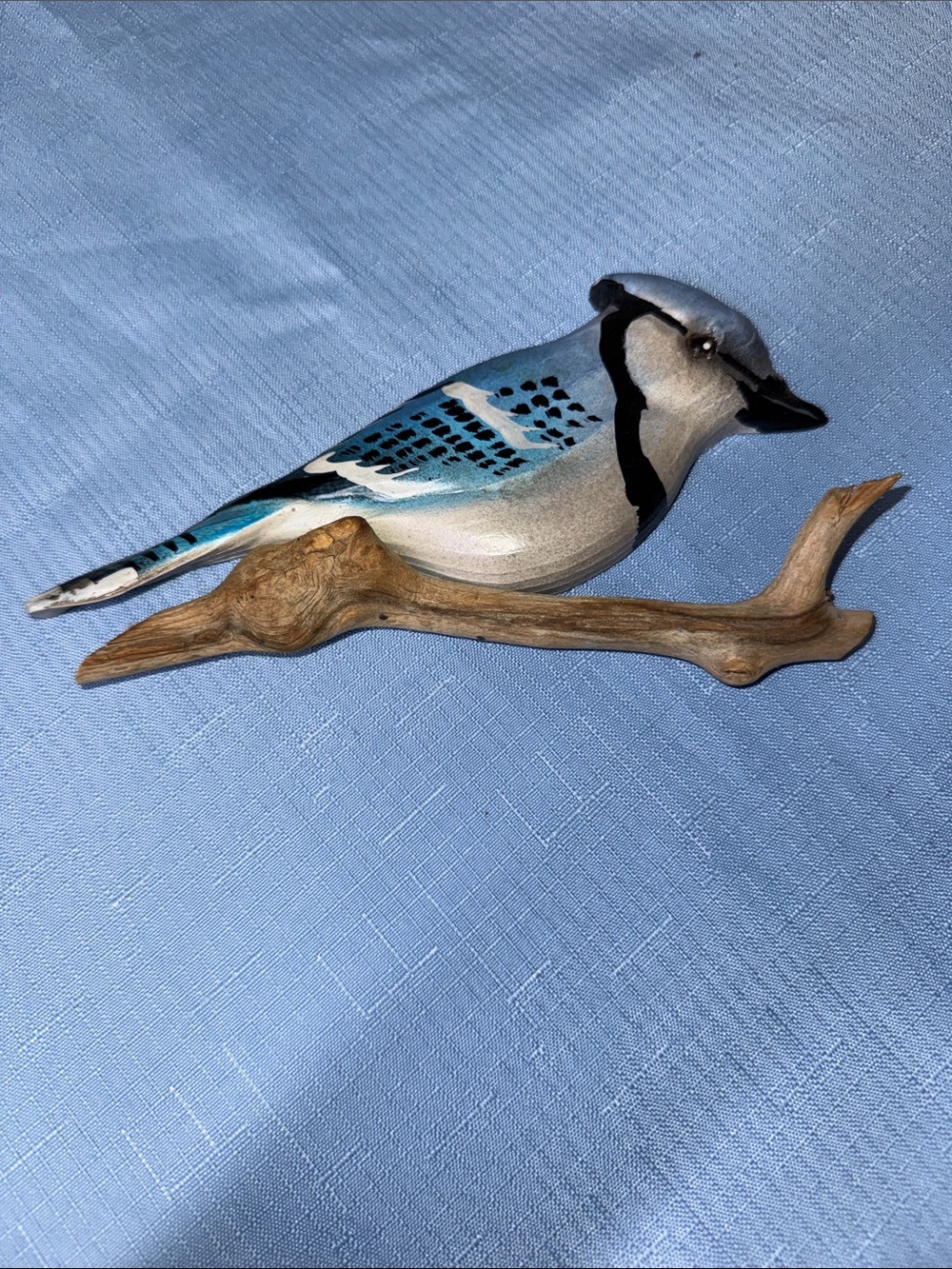 Blue Jay hand painted Bird wall hanging with Driftwood Perch 8” long